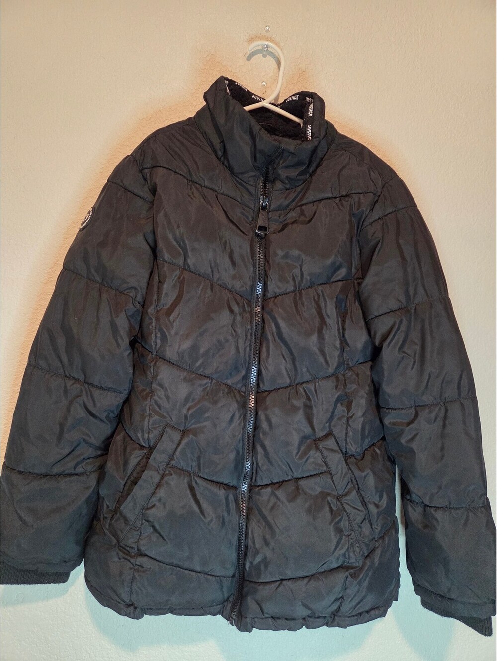 Justice Black Puffer Jacket with Sherpa Lining, Size M (10)